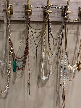 Lot of 12 long Layered Beaded Tassel Necklaces - White & Gold